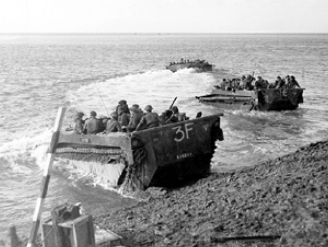 Buffalo amphibious landing vehicles transitioning to "swimming"...