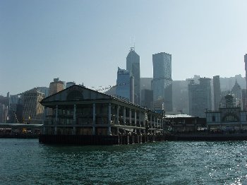Leaving the water ferry terminal from Hong Kong island to Kowloon...