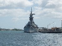 The US battleship Missouri at anchor in Pearl Harbour. Missouri is the last surviving WWII battleship and was still in use in the last Gulf War...
