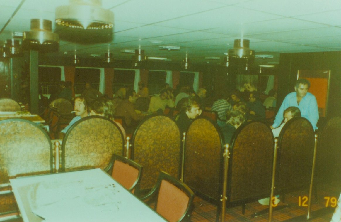 The cafeteria area in the Zenobia circa 1980. Check out the carpet...